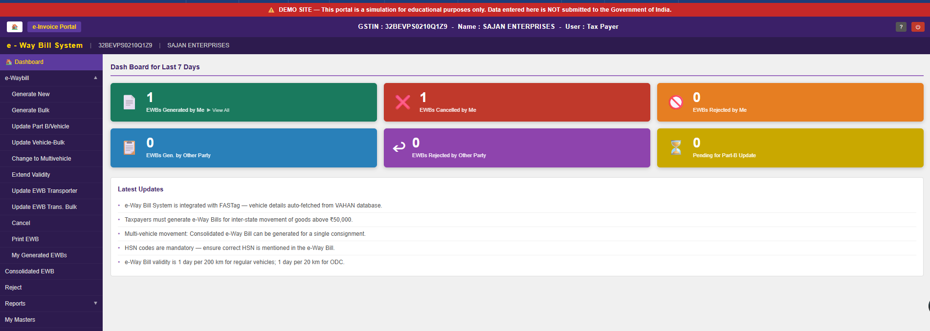 E-Way Bill System — Dashboard